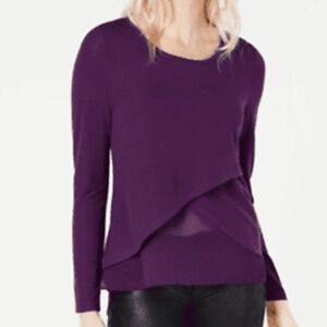 Bar III Women's Purple Dynasty Scoop Neck Layered Long Sleeve Knit Blouse sz XS